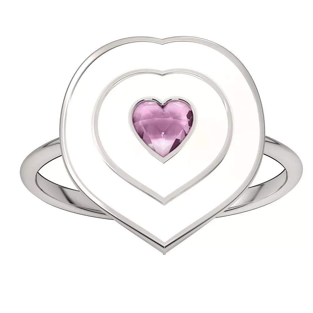 Sterling Silver Lab-Created Pink Sapphire & Enamel Heart Ring - Size 7, Women's Product Image