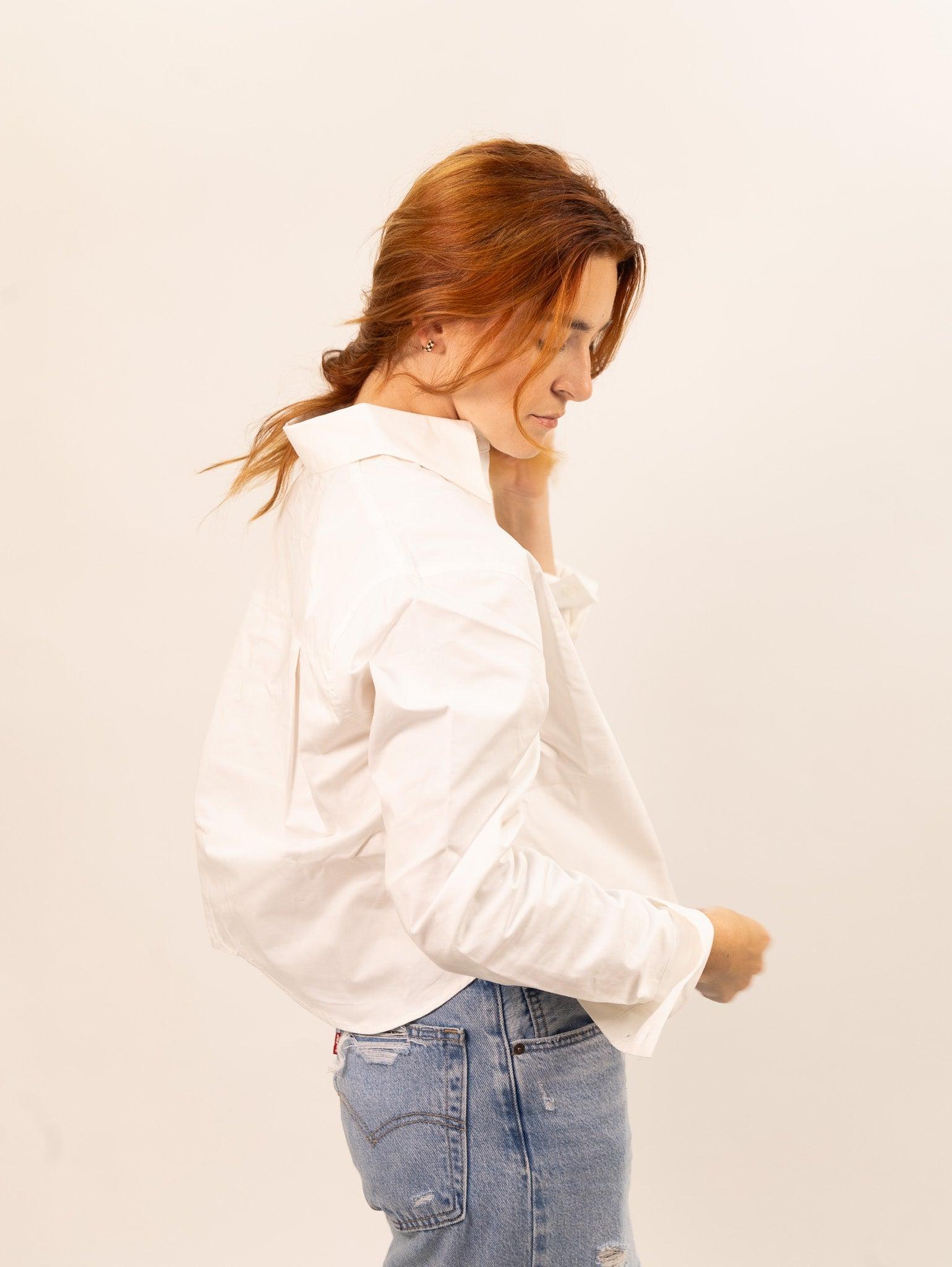Moon River Cropped Curved Hem Shirt - White Product Image