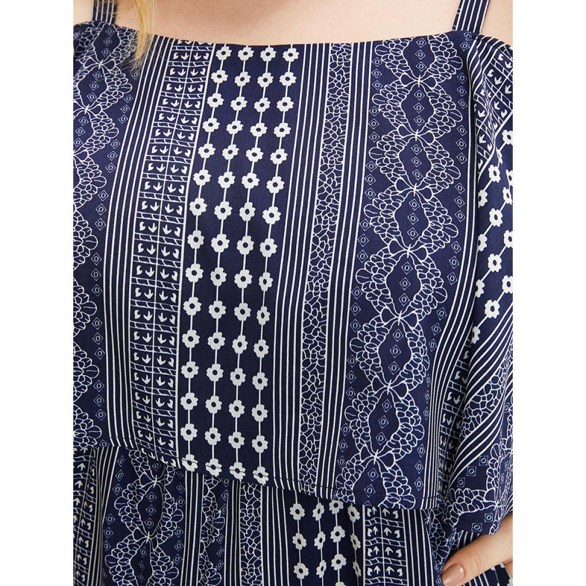 Plus Size Indigo Striped Geometric Pocket Ruffles Cold Shoulder Jumpsuit Women Vacation Short sleeve Cold Shoulder Dailywear Loose Jumpsuits BloomChic 30/6X Product Image