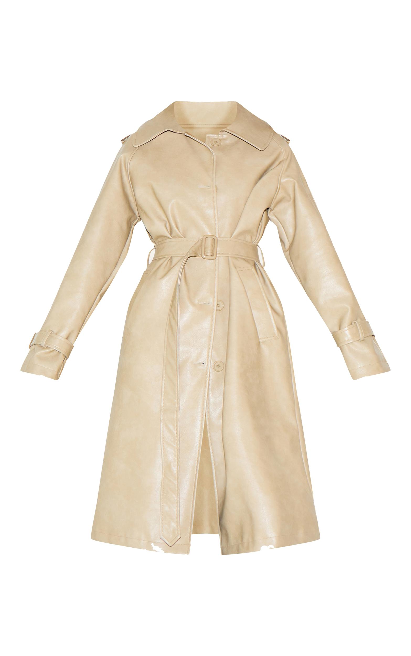 Cream Mid Length Faux Leather Trench Coat Product Image
