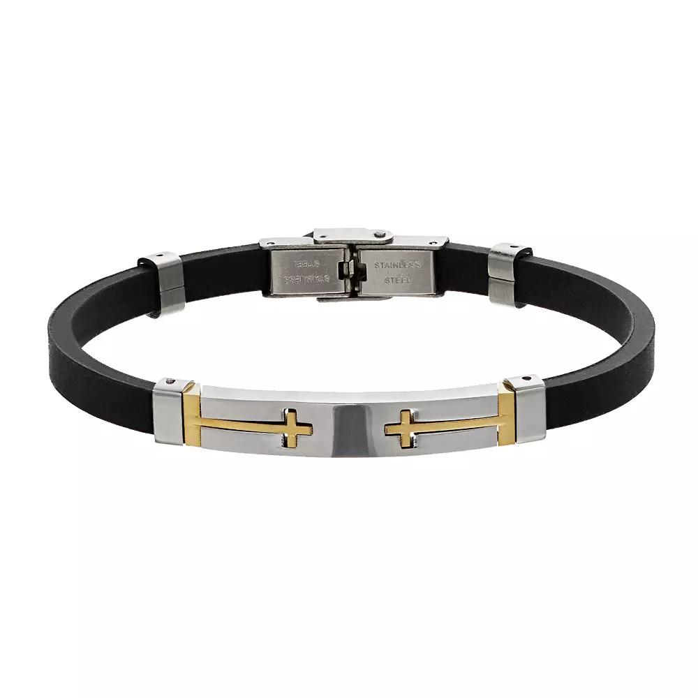 Men's Two-Tone Ion-Plated Stainless Steel Cross & Black Rubber Bracelet, Size: 8" Product Image