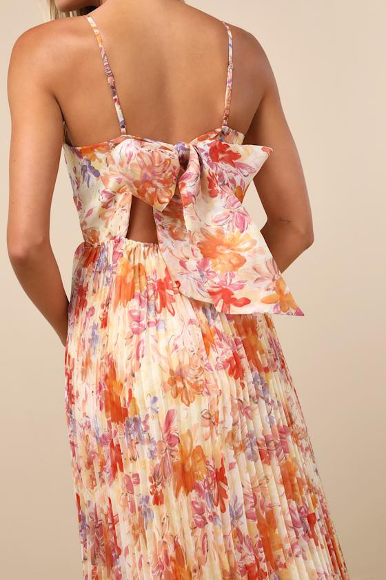 Alondra Light Yellow Multi Floral Pleated Midi Dress Product Image