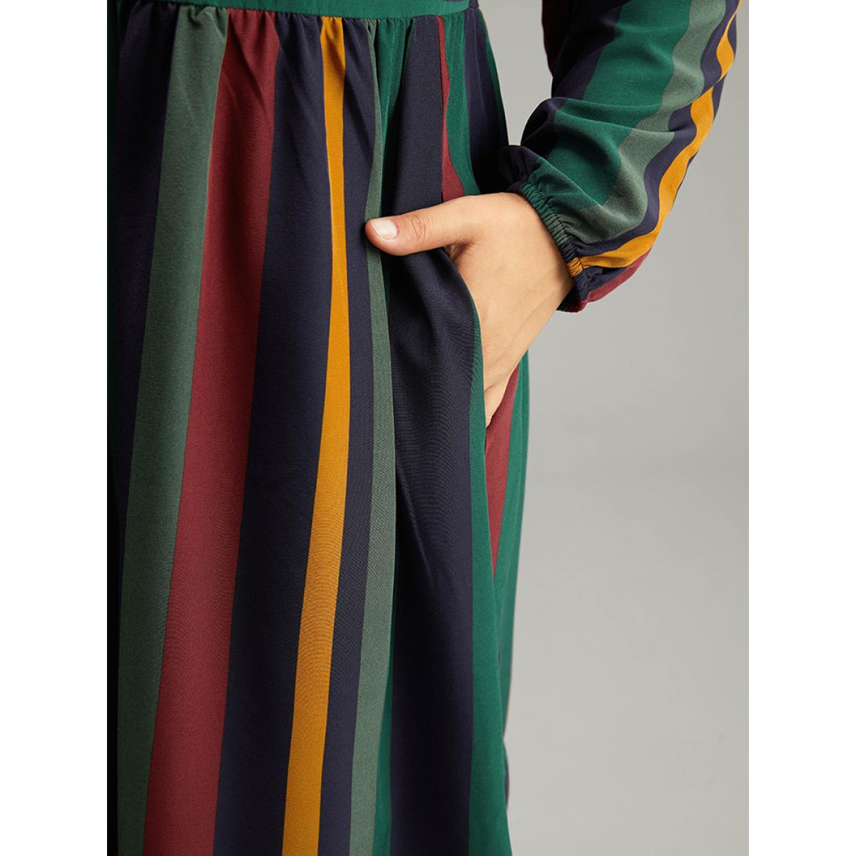 Plus Size Rainbow Striped Notched Patchwork Dress Multicolor Women Office Elastic cuffs Notched collar Long Sleeve Curvy Midi Dress BloomChic 30/6X Product Image
