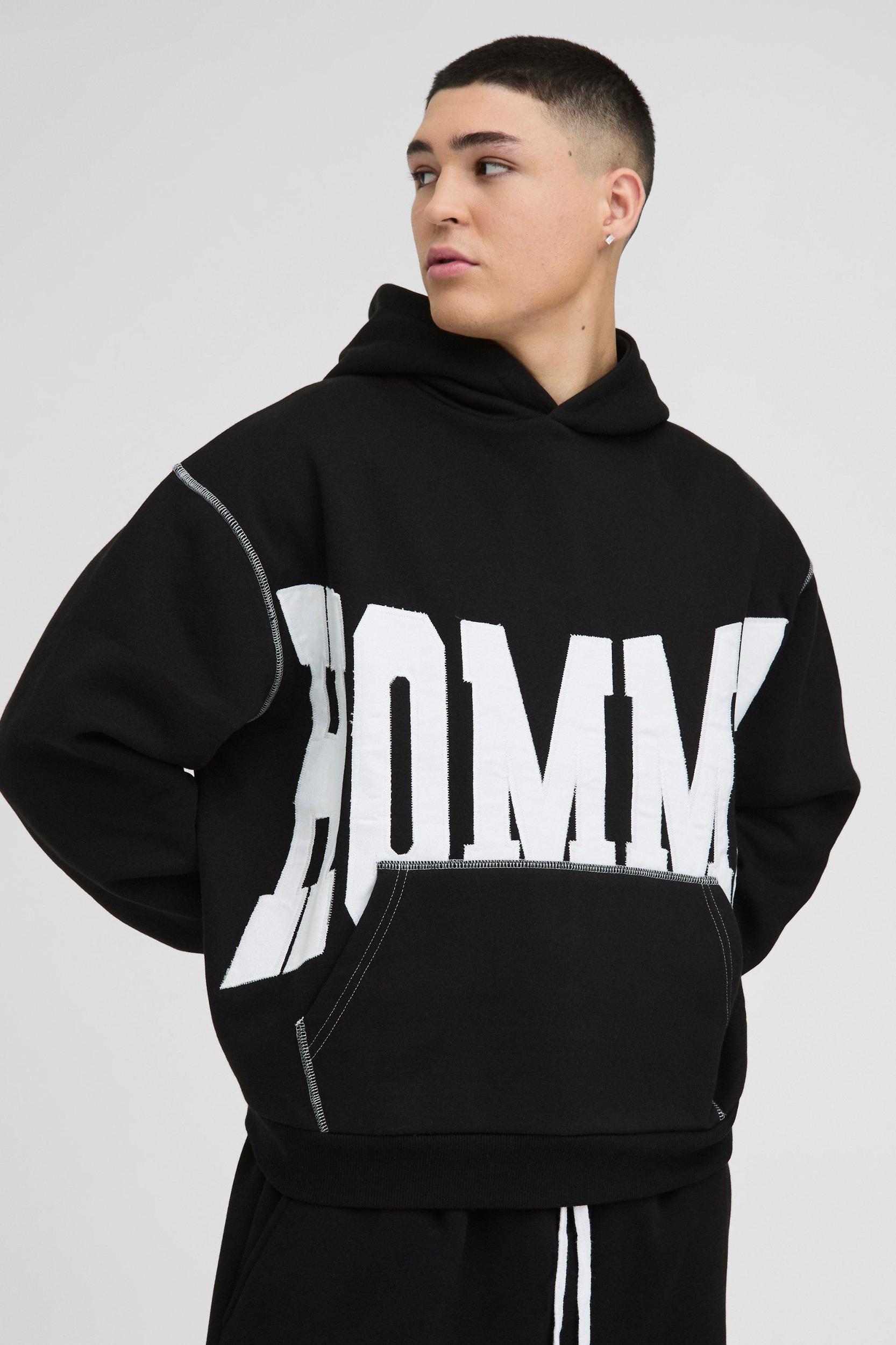 Oversized Boxy Twill Applique Contrast Stitch Hoodie | boohooMAN USA Product Image