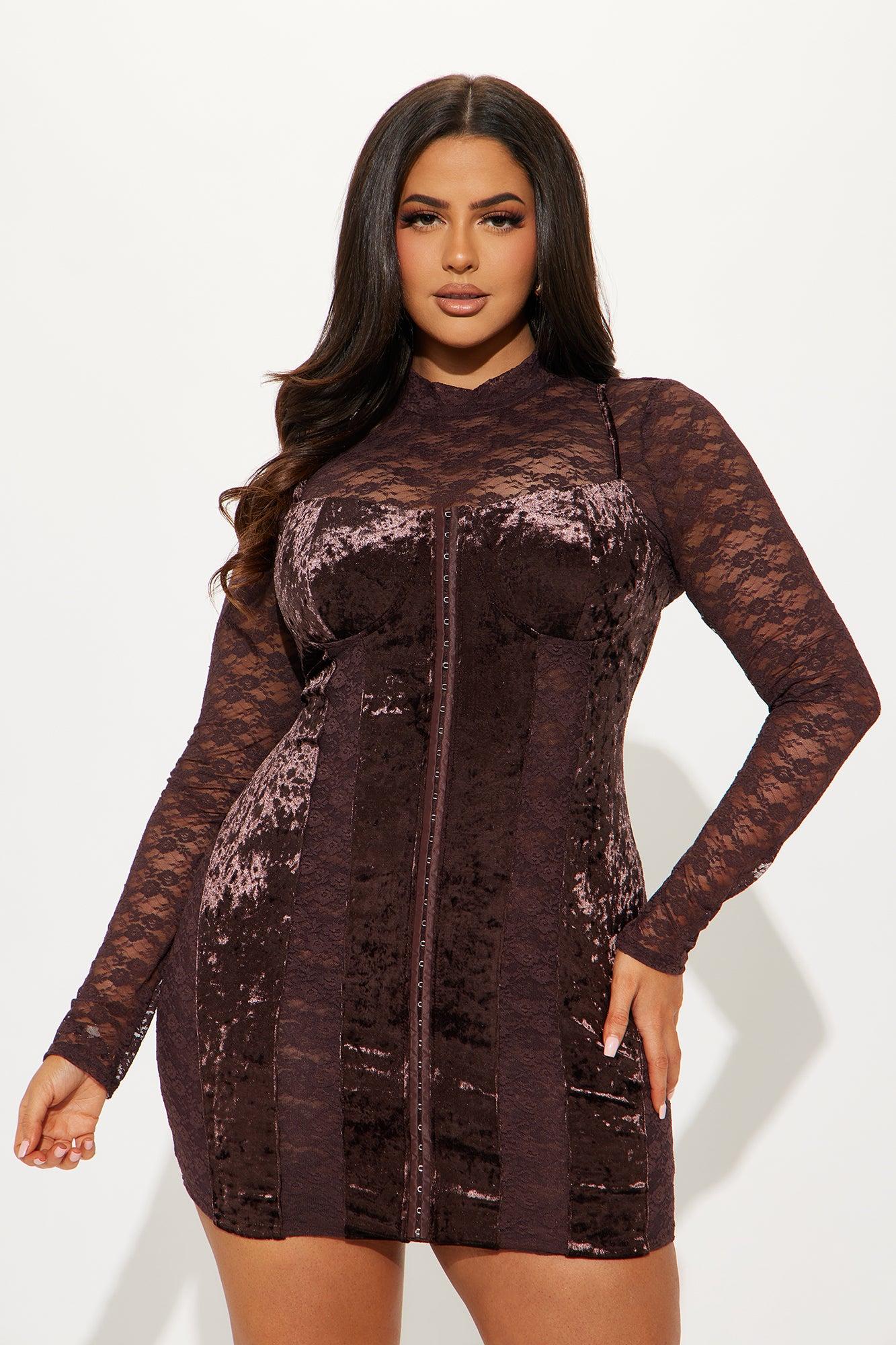 Real Feels Velvet Lace Mini Dress - Chocolate Product Image