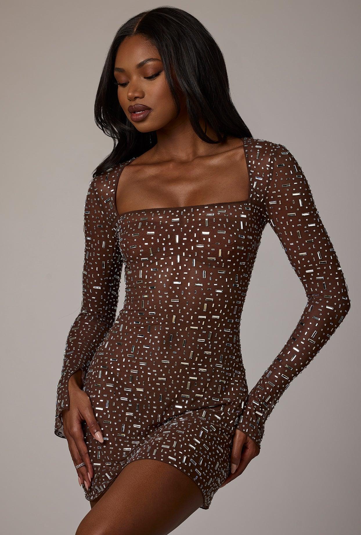 Sheer Embellished Long Sleeve A-Line Mini Dress in Deep Cocoa Product Image