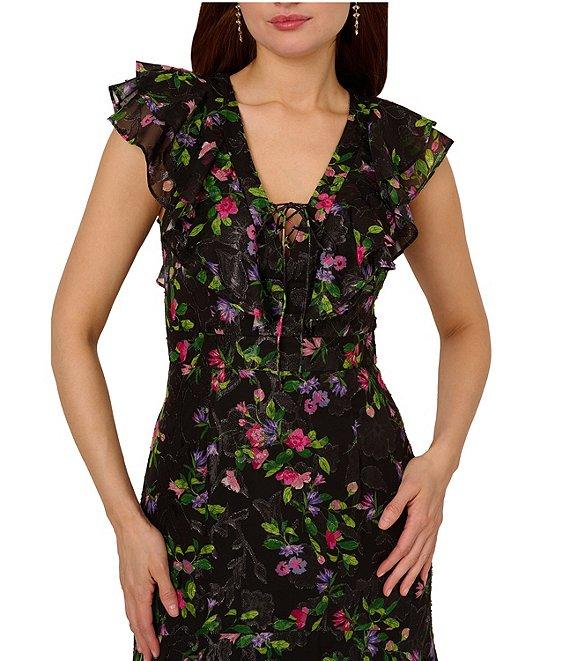Adrianna Papell Chiffon Floral Print V-Neck Flutter Sleeve Tiered Gown Product Image