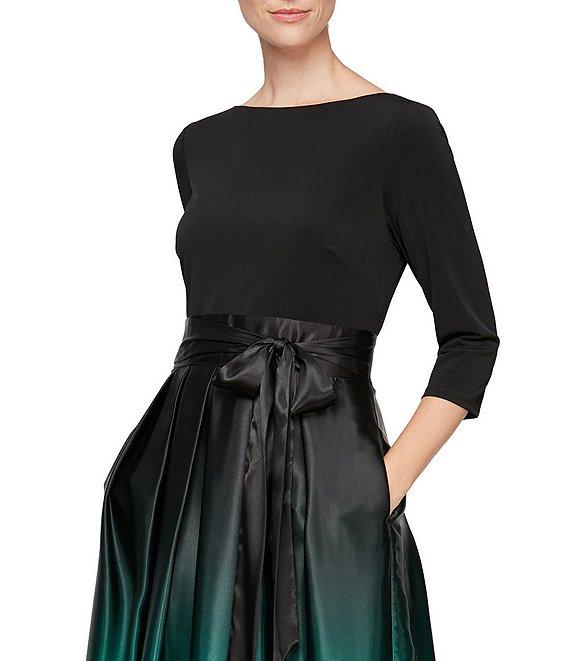 Ignite Evenings Ombre Satin Boat Neck 3/4 Sleeve Tie Waist Pocketed Ball Gown Product Image