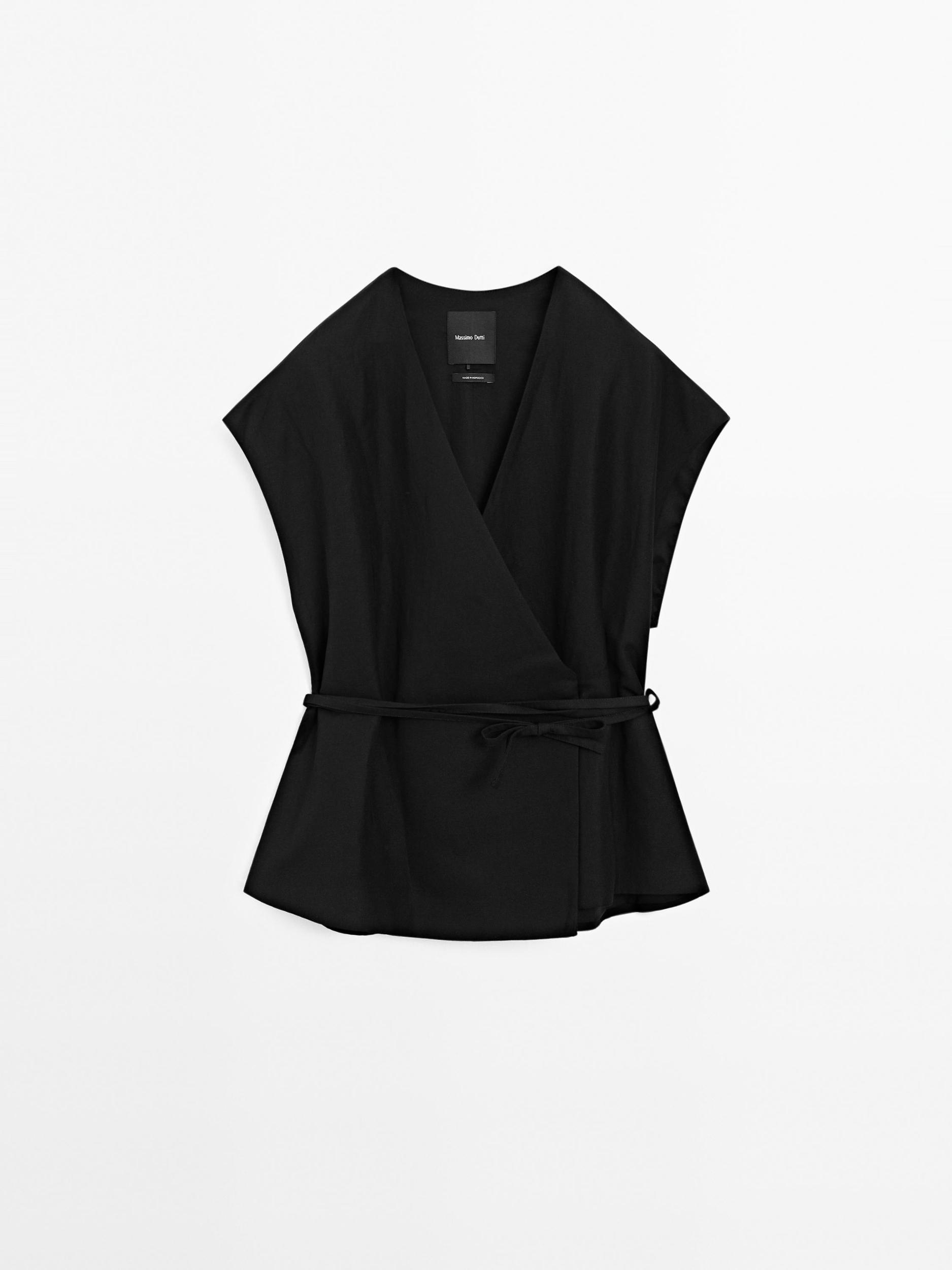 Linen blend crossover kimono with tie detail Product Image