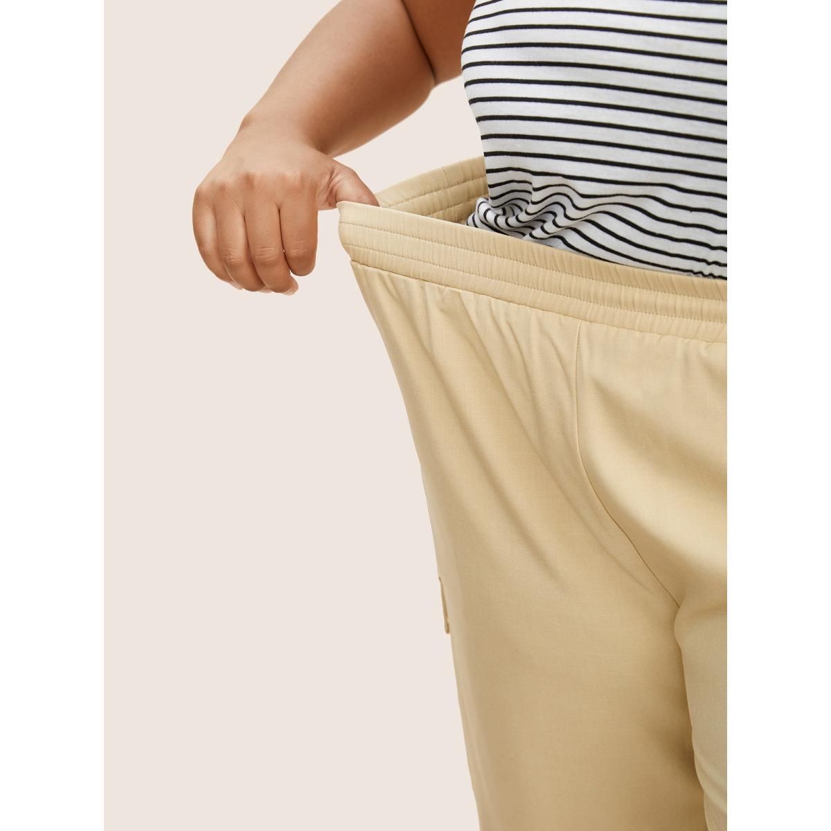Plus Size Patched Pocket Elastic Waist Tapered Pants Women Tan Casual Harem High Rise Everyday Pants BloomChic 14-16/1X Product Image