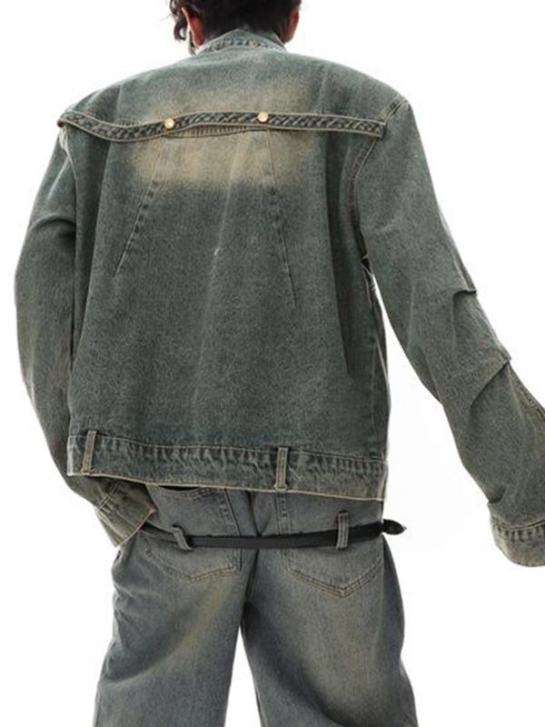 Men's Washed Pleated Collar Neck Short Denim Jacket Product Image
