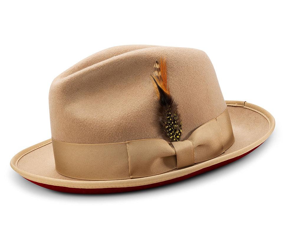 2 ¼" Brim Wool Felt Dress Hat with Feather Accent Tan with Red Bottom Product Image