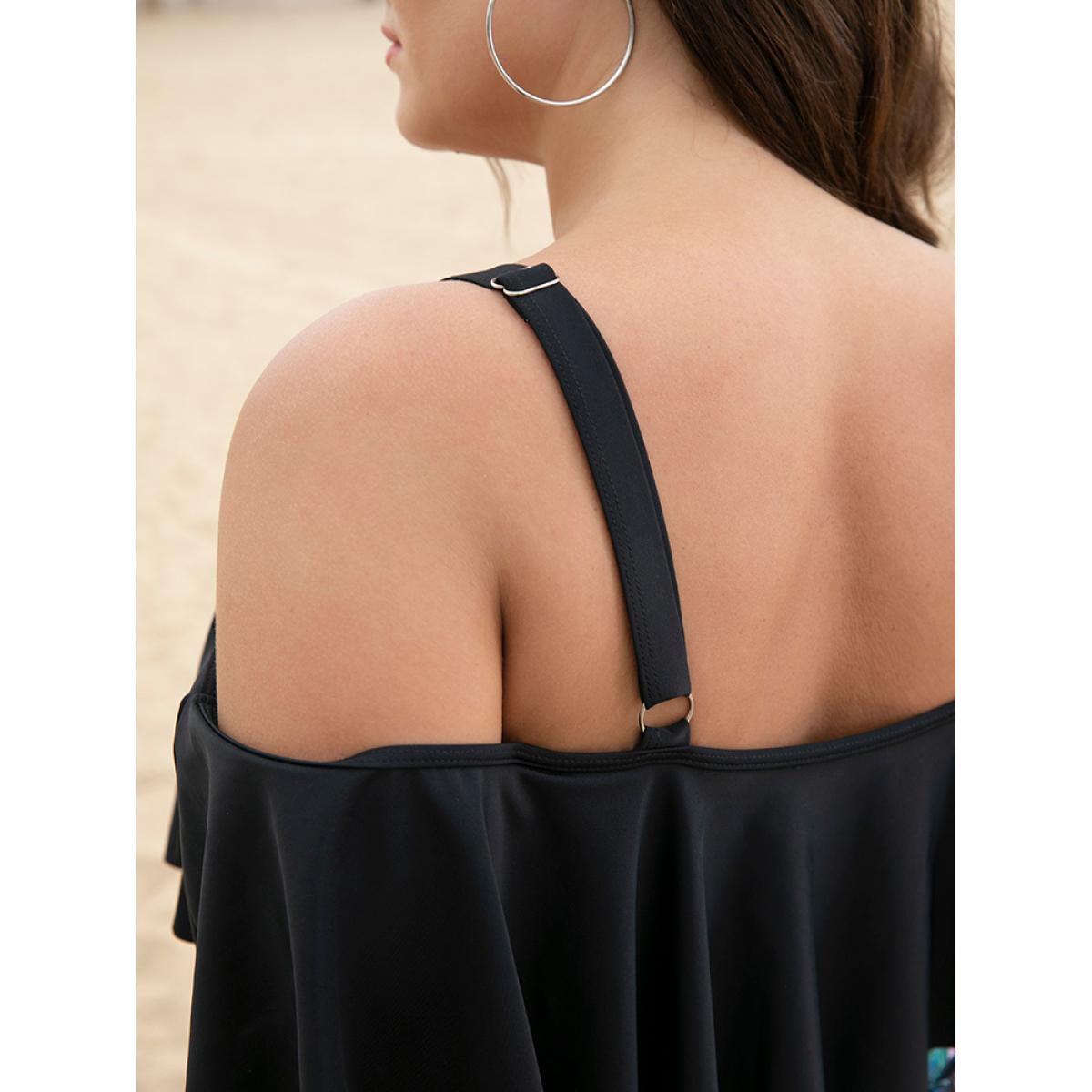 Plus Size Floral Patchwork Crisscross Cold Shoulder Asymmetrical One Piece Swimsuit Women's Swimwear BlackFlower Adjustable Straps Curve Bathing Suits High stretch One Pieces BloomChic 28/5X Product Image