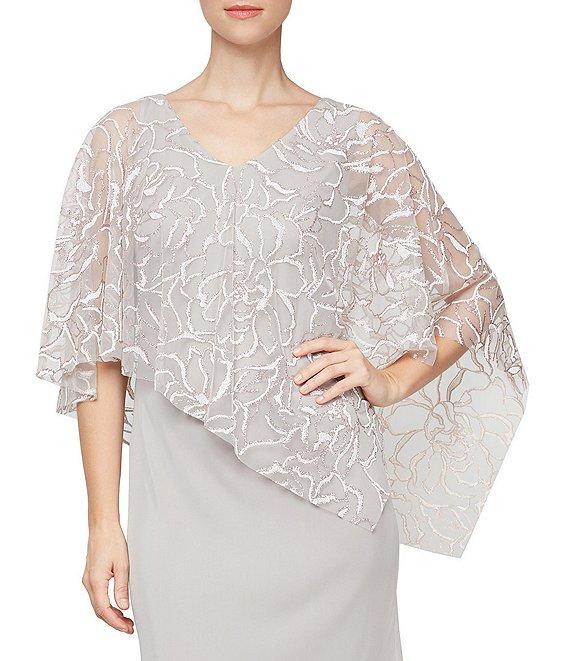 Ignite Evenings Petite Size 3/4 Sleeve Asymmetrical Glitter Mesh Capelet V-Neck Jersey Gown Product Image