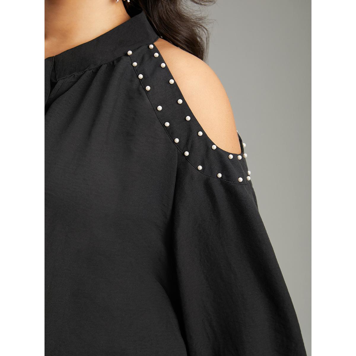 Plus Size Black Pearl Beaded Cold Shoulder Keyhole Bowknot Blouse Women Glamour Long Sleeve Cold Shoulder Going out Blouses BloomChic 30/6X Product Image