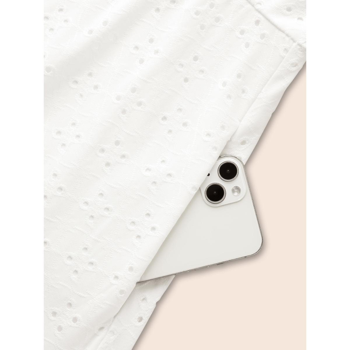 Plus Size Solid Pocket Laser Cut Surplice Neck Knee Dress Ivory Women Elegant Pocket V-neck Short sleeve Curvy Knee Dress BloomChic 28/5X Product Image