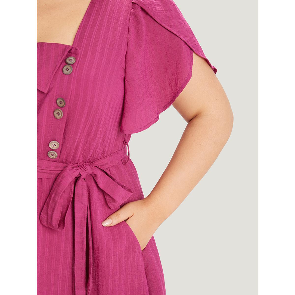 Plus Size Solid Irregular Neck Pocket Button Detail Petal Sleeve Dress RedViolet Women Office Button Asymmetrical Neck Short sleeve Curvy Knee Dress BloomChic 14-16/1X Product Image