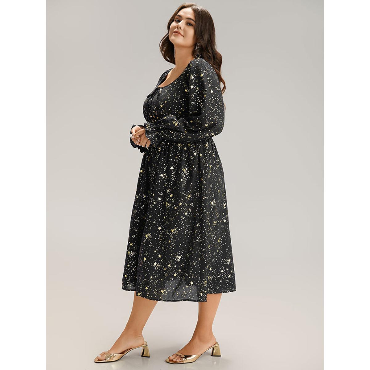 Plus Size Glitter Star Knot Neck Pocket Lantern Sleeve Dress Black Women Party Elastic cuffs Tie Neck Long Sleeve Curvy Midi Dress BloomChic 14-16/1X Product Image