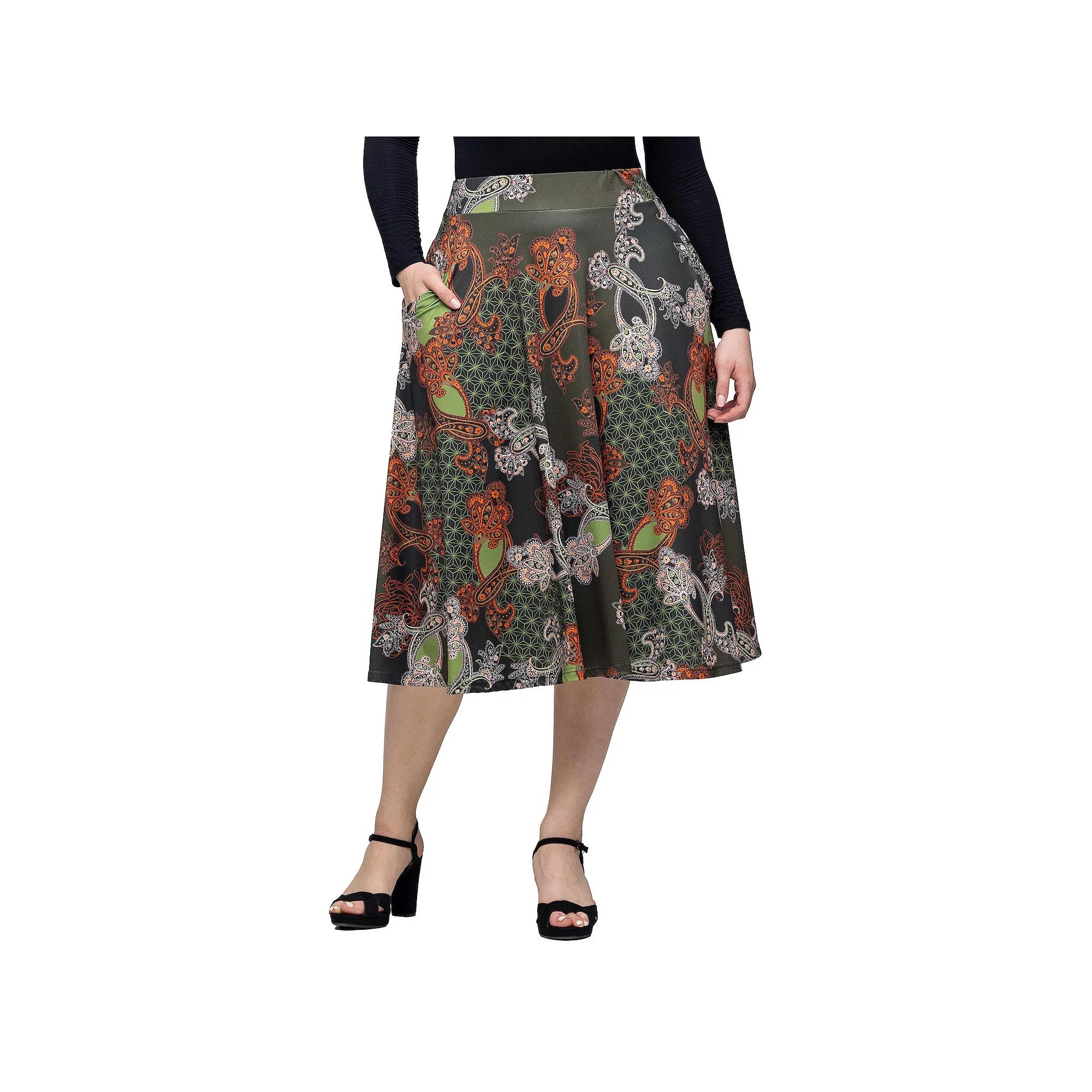 Women's 24Seven Comfort Apparel Print Elastic Waist Pocket Midi Skirt,  Product Image