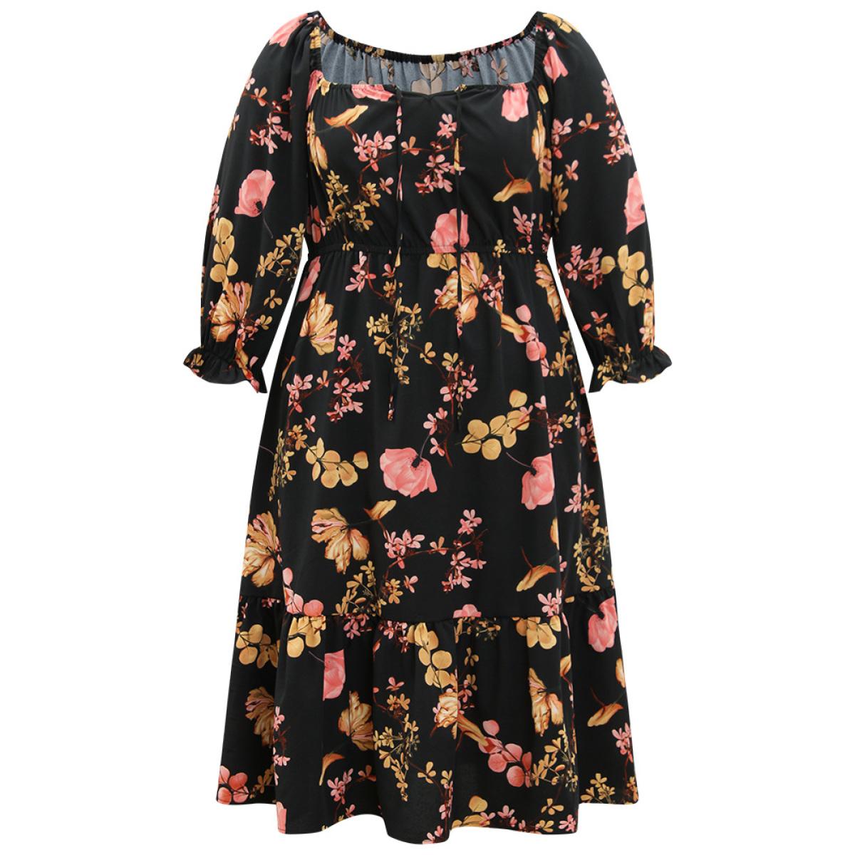Plus Size Floral Print Bowknot Flutter Trim Tiered Dress Black Women Elegant Gathered Square Neck Elbow-length sleeve Curvy Midi Dress BloomChic 26/4X Product Image