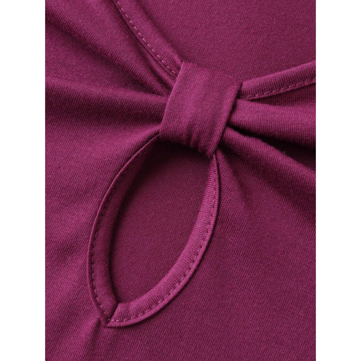 Plus Size Petal Sleeve Keyhole Plain T-Shirt RedViolet Women Petal edge V-neck Everyday-Casual T-shirts BloomChic 18-20/2X Product Image