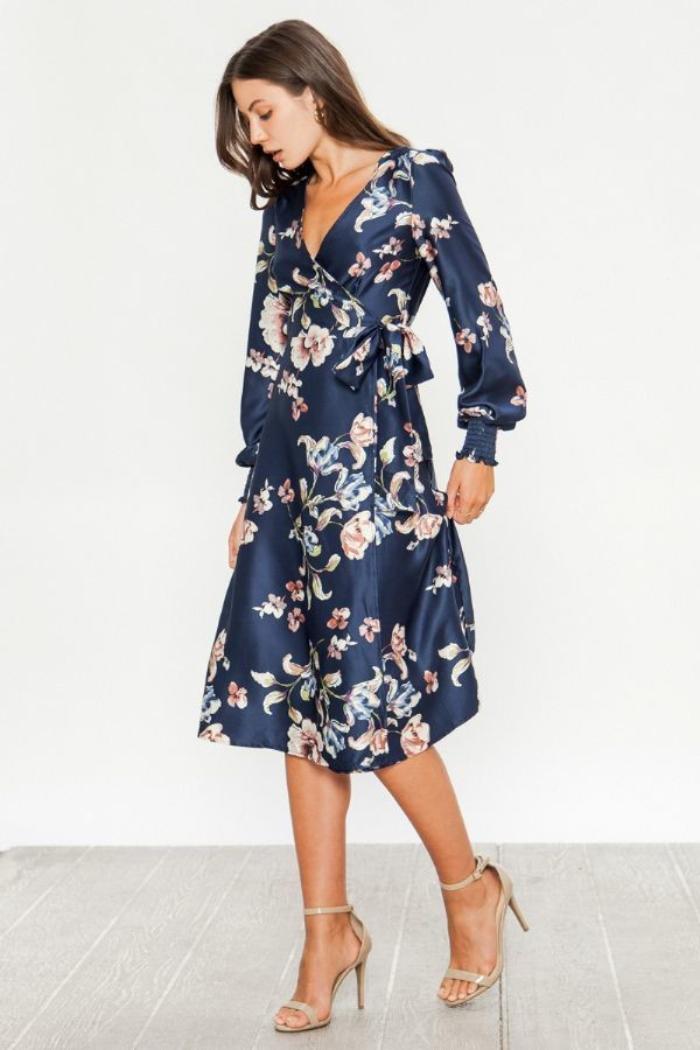 Satin Floral Blue Dress Product Image
