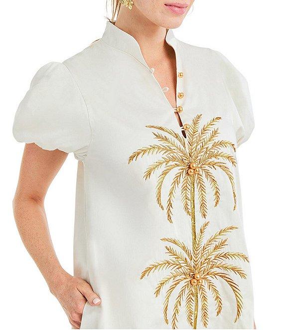 Mestiza New York Elliana Poplin Palm Tree Embroidery Mandarian Collar Short Puff Sleeve Dress Product Image