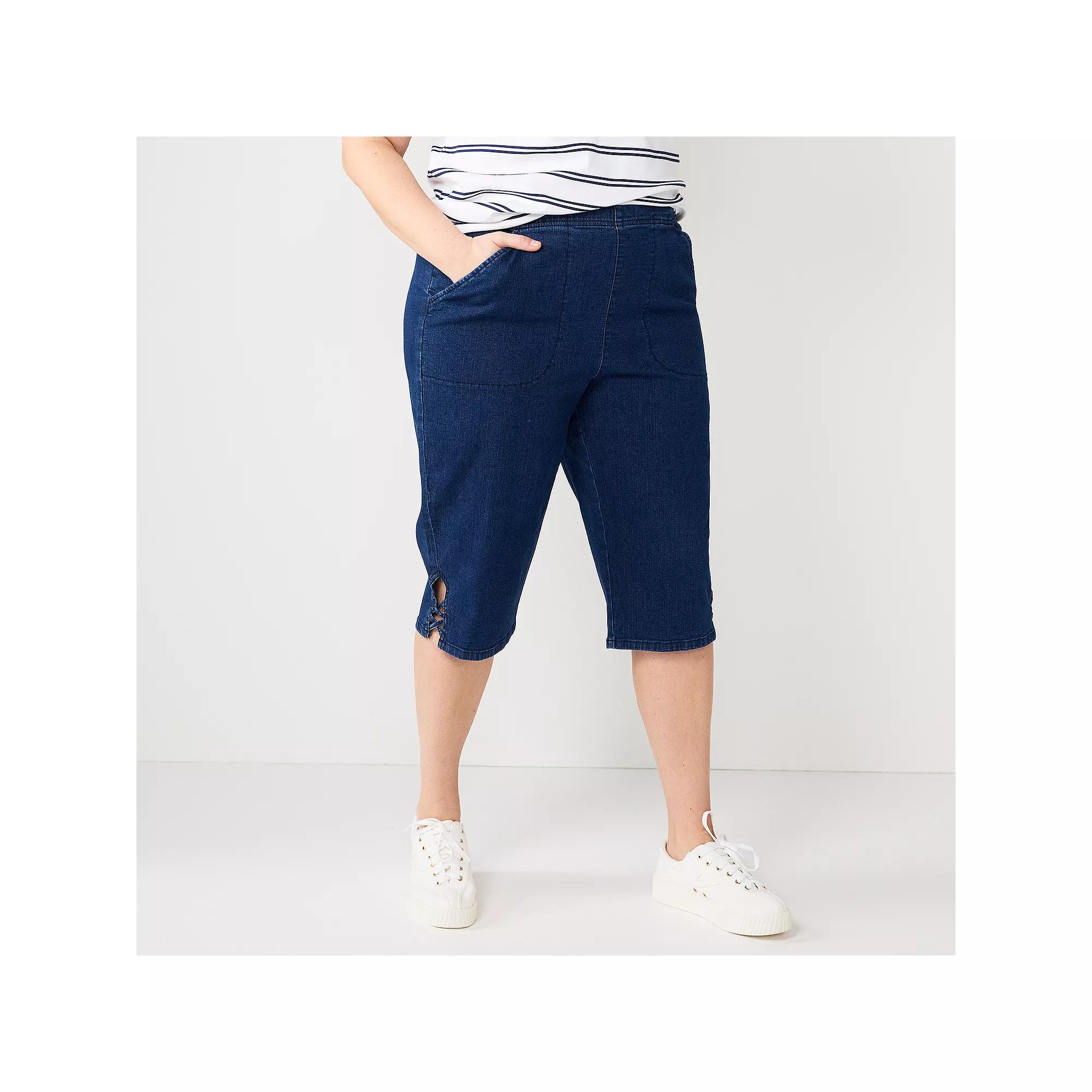 Plus Size Croft & Barrow® Lattice-Hem Pull-On Mid-Rise Skimmer Jeans, Women's, Size: 3XL, Dark Blue Product Image