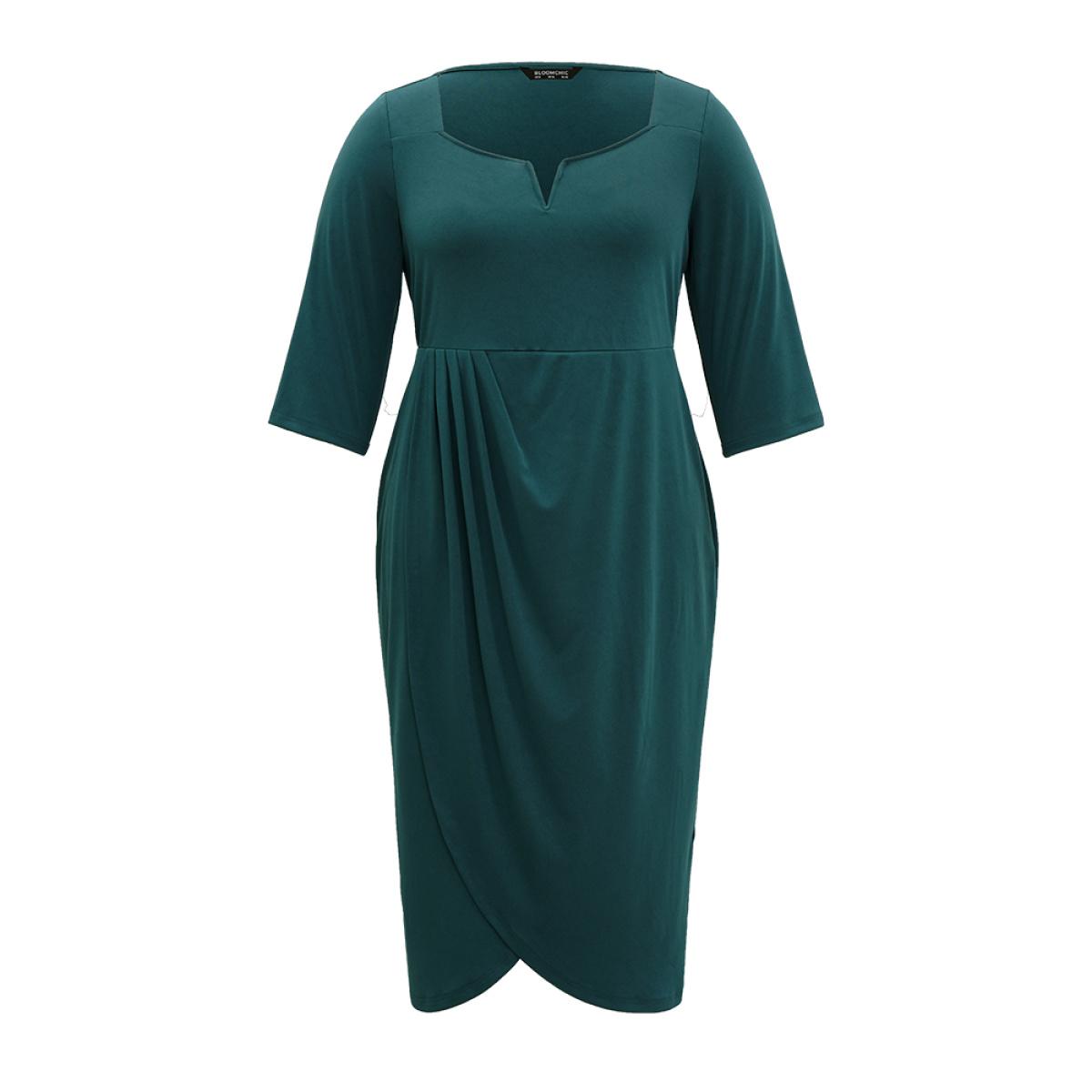 Plus Size Solid Notched Pleated Wrap Hem Dress Cyan Women Elegant Wrap Notched collar Elbow-length sleeve Curvy Midi Dress BloomChic 14-16/1X Product Image