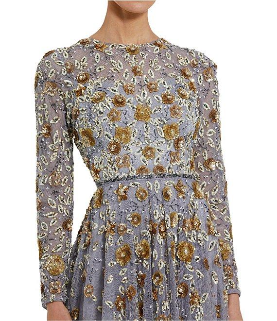 Mac Duggal Floral Beaded Crew Neck Long Sleeve Pleated Chiffon Gown Product Image