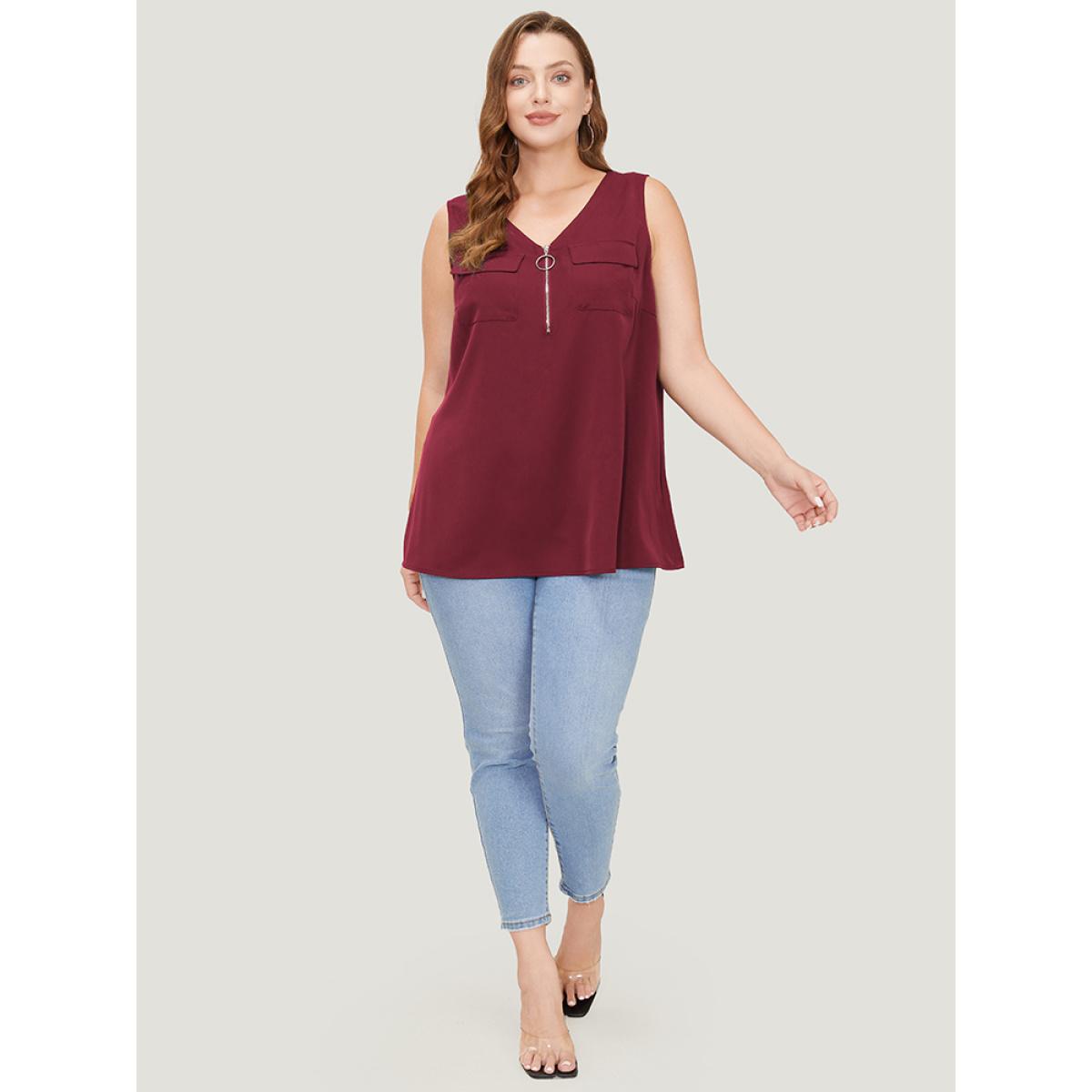 Plus Size Solid Half Zipper Flap Detail Tank Top Women Burgundy Casual Zipper V-neck Dailywear Tank Tops Camis BloomChic 22-24/3X Product Image