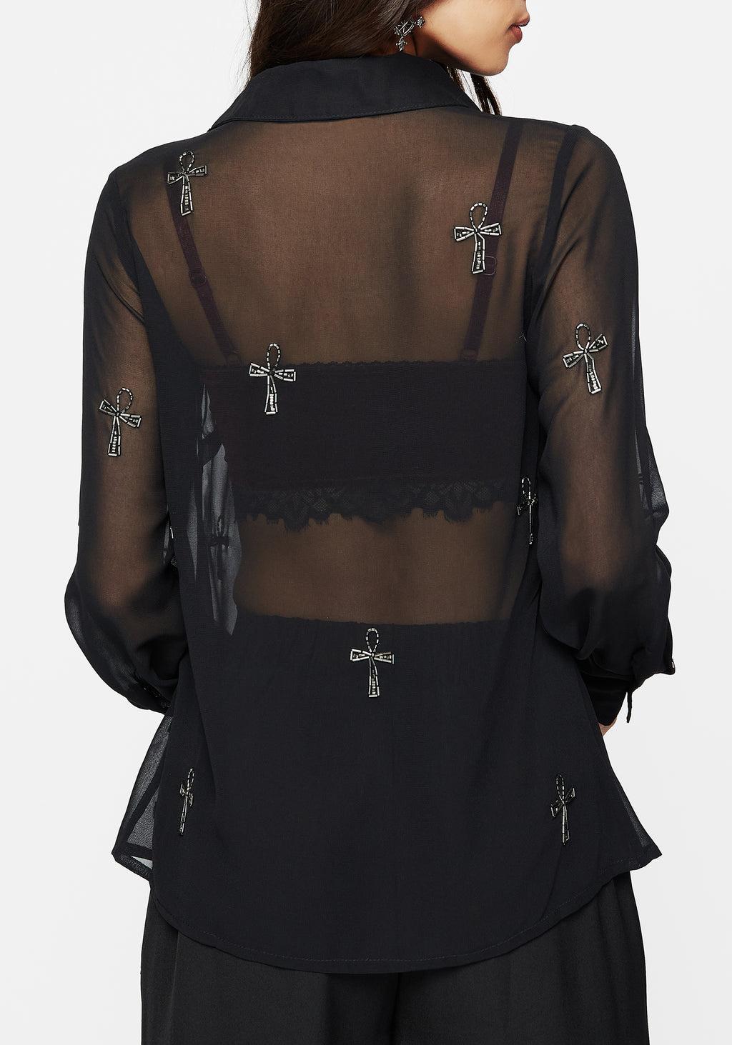 Ankh Beaded Chiffon Button Up Shirt Product Image