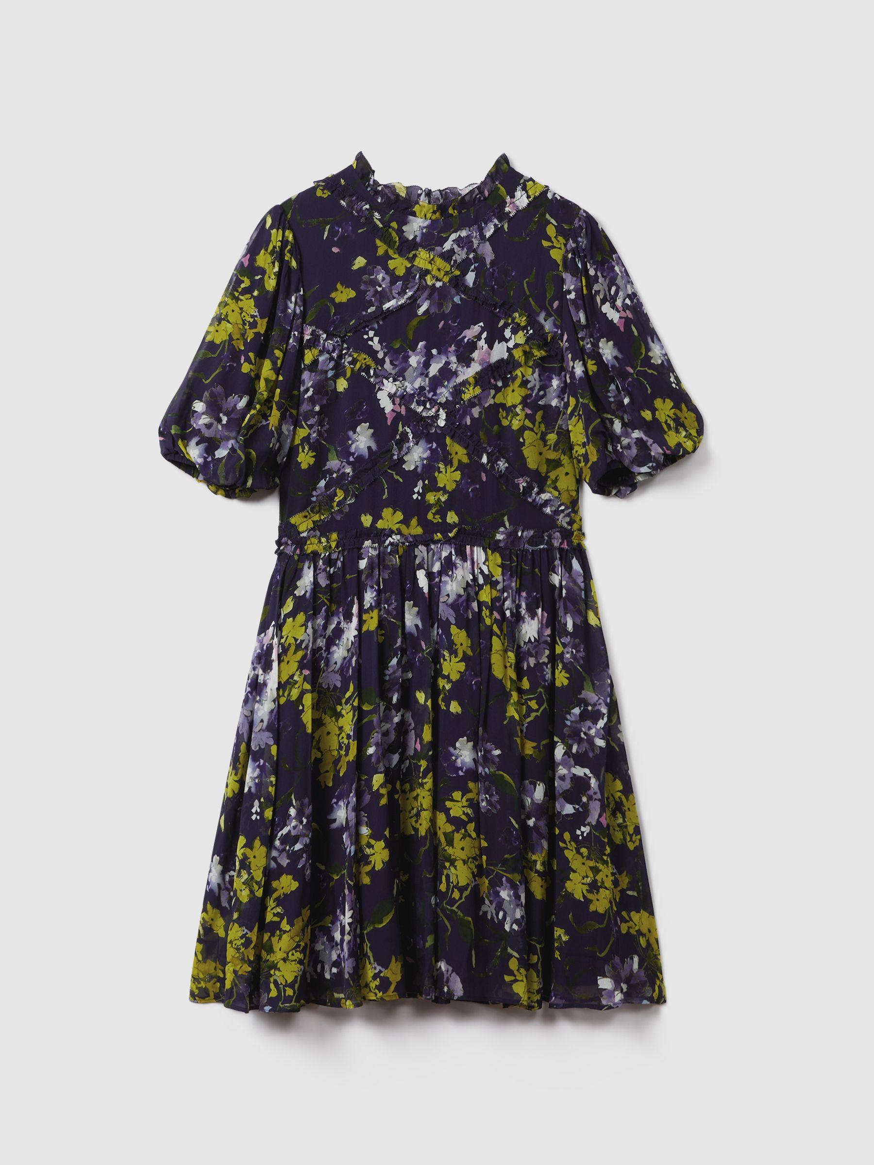 Florere Printed Puff Sleeve Mini Dress in Dark Purple Product Image