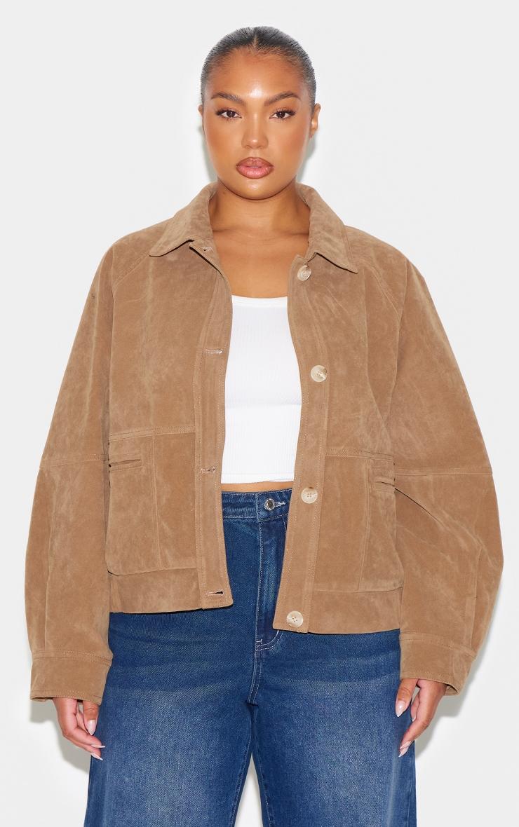 Plus Beige Oversized Faux Suede Jacket Product Image