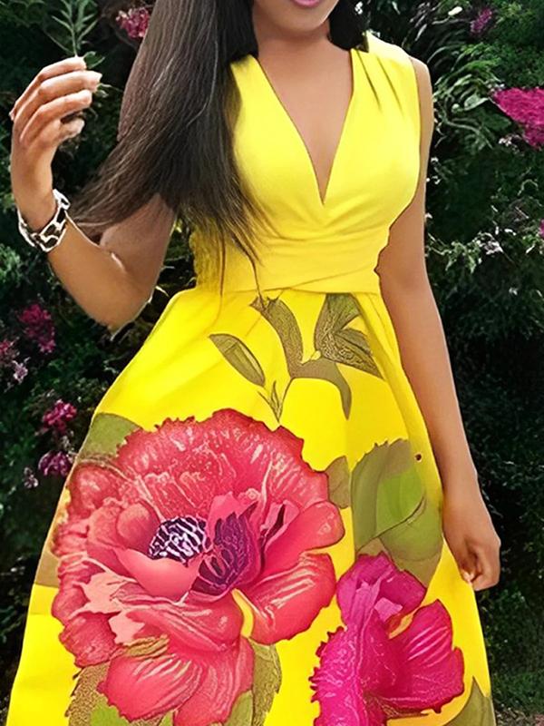 A-Line Sleeveless Flower Print Split-Joint V-Neck Maxi Dresses Product Image