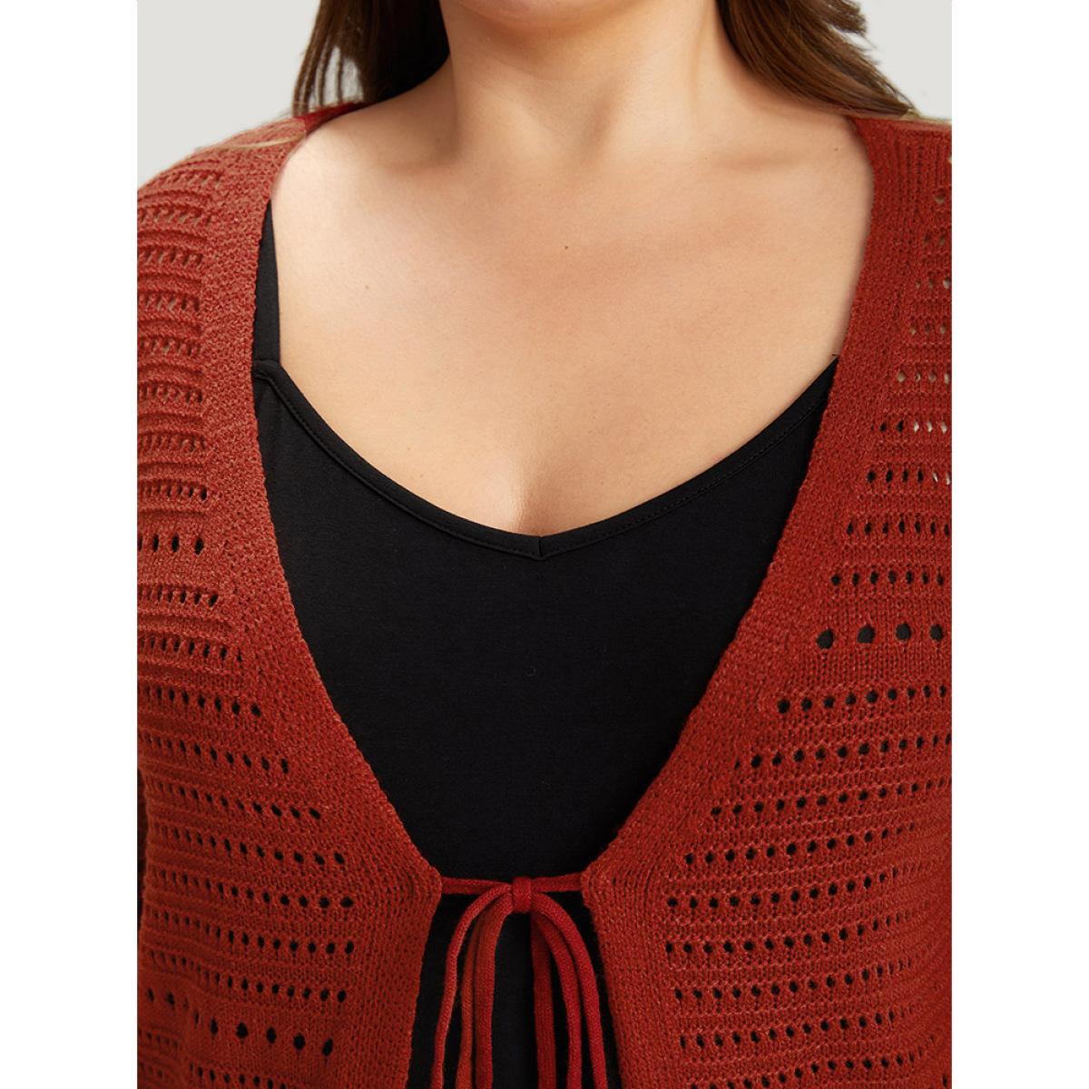 Plus Size Plain Ties Front Geometric Eyelet Cardigan Rust Women Casual Loose Long Sleeve Dailywear Cardigans BloomChic 28/5X Product Image