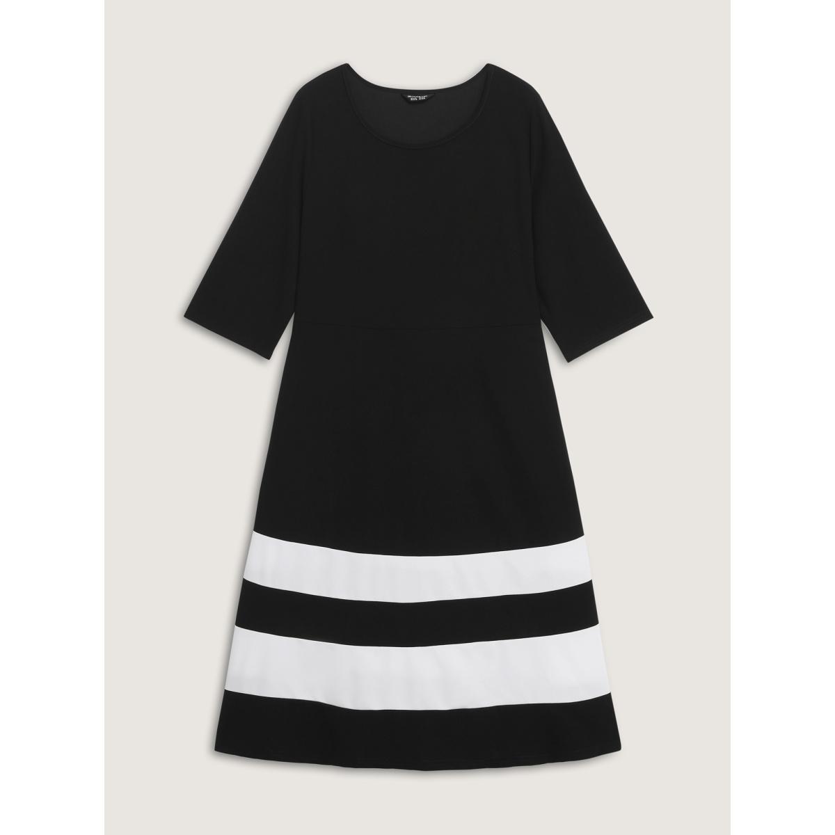 Plus Size Color Stripes Pockets Midi Dress Black Women Office Contrast Round Neck Elbow-length sleeve Curvy BloomChic 22-24/3X Product Image