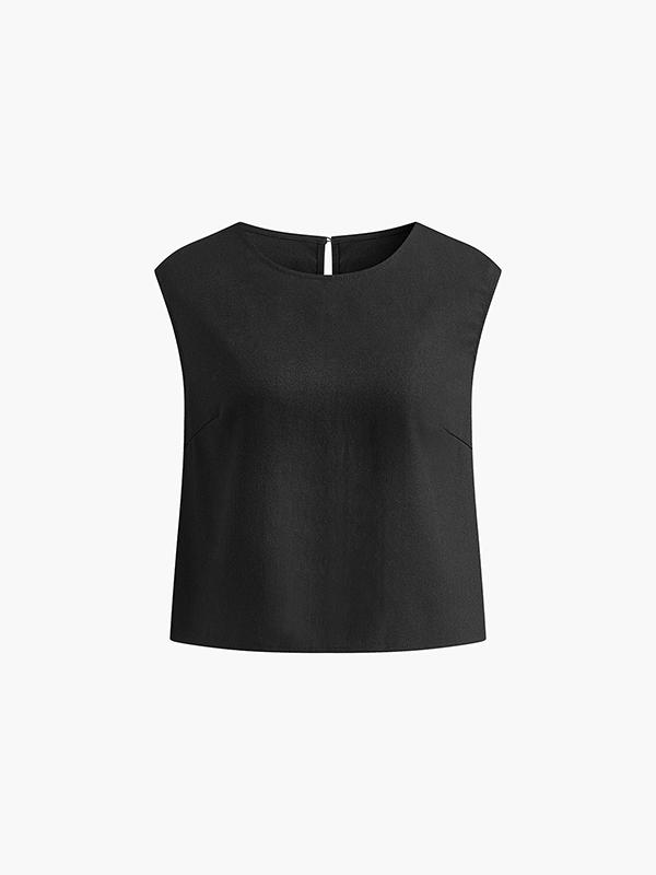 Loose Short Sleeves Hollow Solid Color Split-Joint Round-Neck Vest Top Product Image