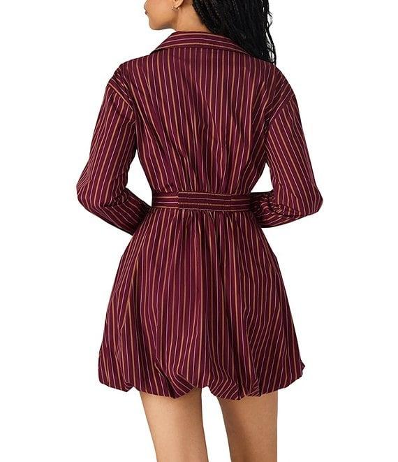 Steve Madden Arielle Striped Print Point Collar Long Sleeve Corset Waist Bubble Hem Mini Dress Product Image