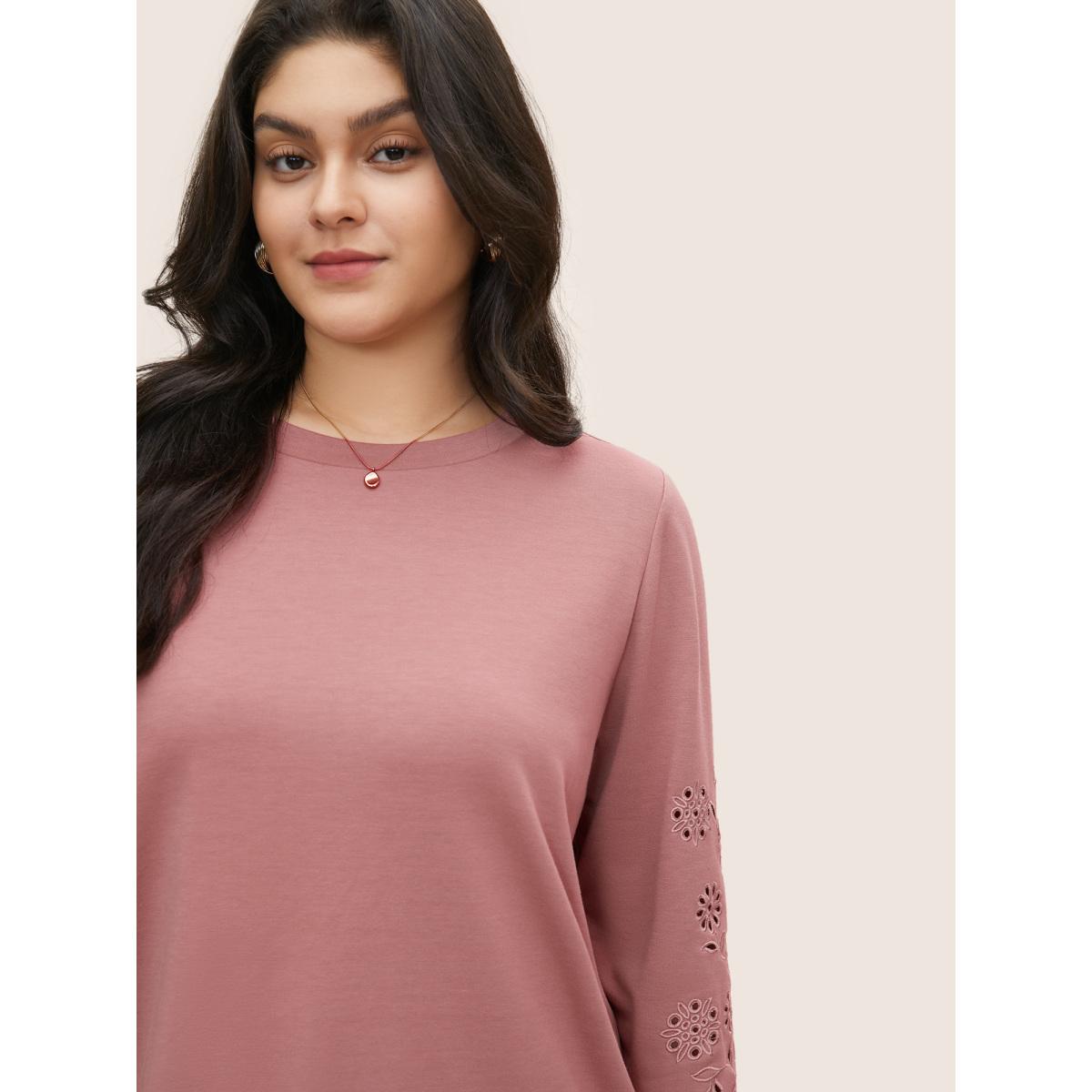 Plus Size Solid Broderie Anglaise Crew Neck Sweatshirt Women DustyPink Elegant Non Round Neck Everyday Sweatshirts BloomChic 22-24/3X Product Image