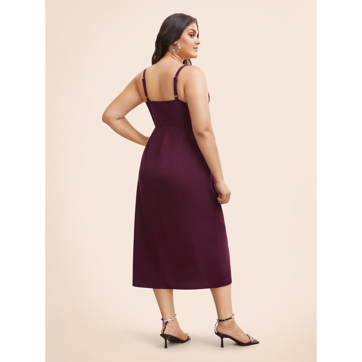 Plus Size Plain Notched Pleated Detail Spaghetti Strap Wrap Hem Dress Eggplant Women Party&Cocktail Adjustable Straps Heart neckline Sleeveless Curvy Midi Dress BloomChic 18-20/2X Product Image