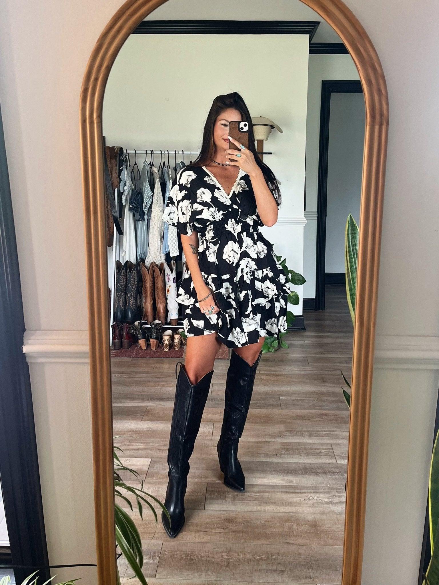 Black Print Smock Tiered Mini Dress - FINAL SALE Product Image
