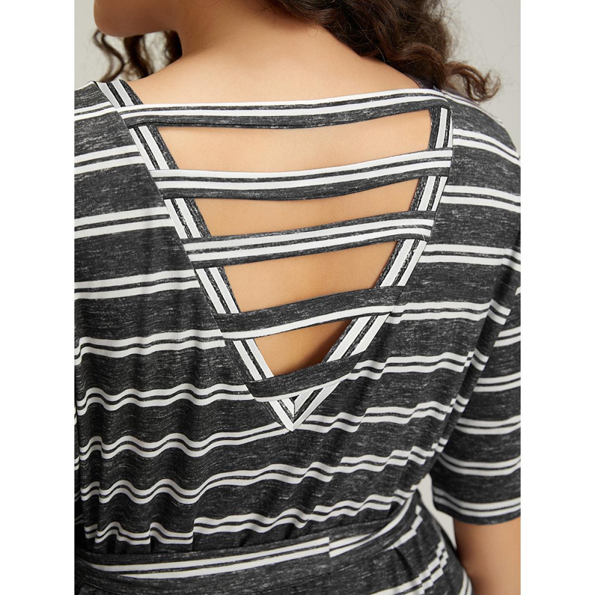 Plus Size Striped V Neck Pocket Belted Back Cut Out Dress Black Women Casual Belted V-neck Half Sleeve Curvy Midi Dress BloomChic 14-16/1X Product Image