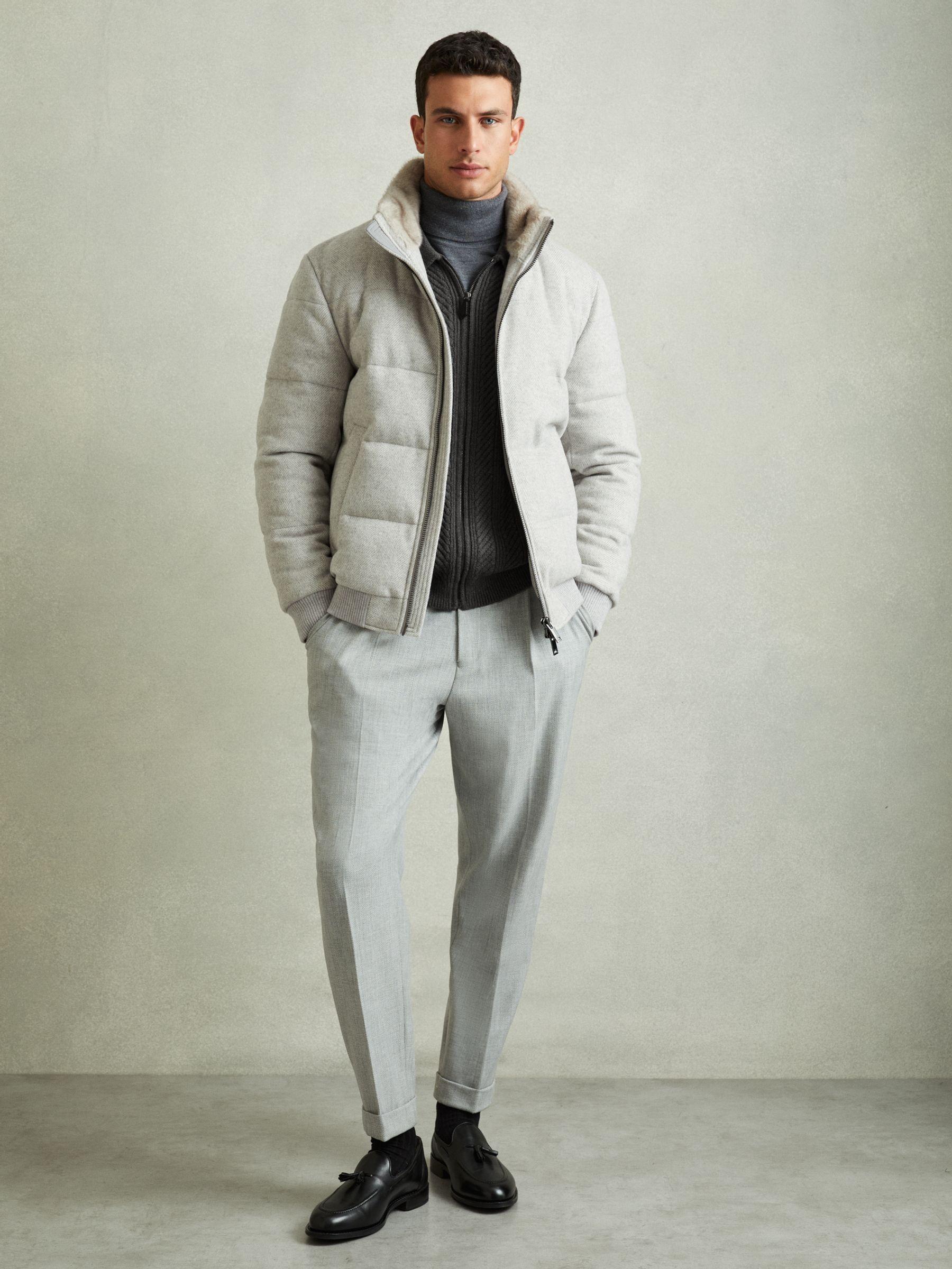 Zip Through Cabled Jumper with Cotton and Wool in Mid Grey Melange Product Image