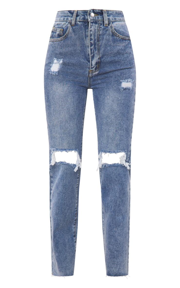 Mid Wash High Rise Ripped Straight Leg Jeans Product Image