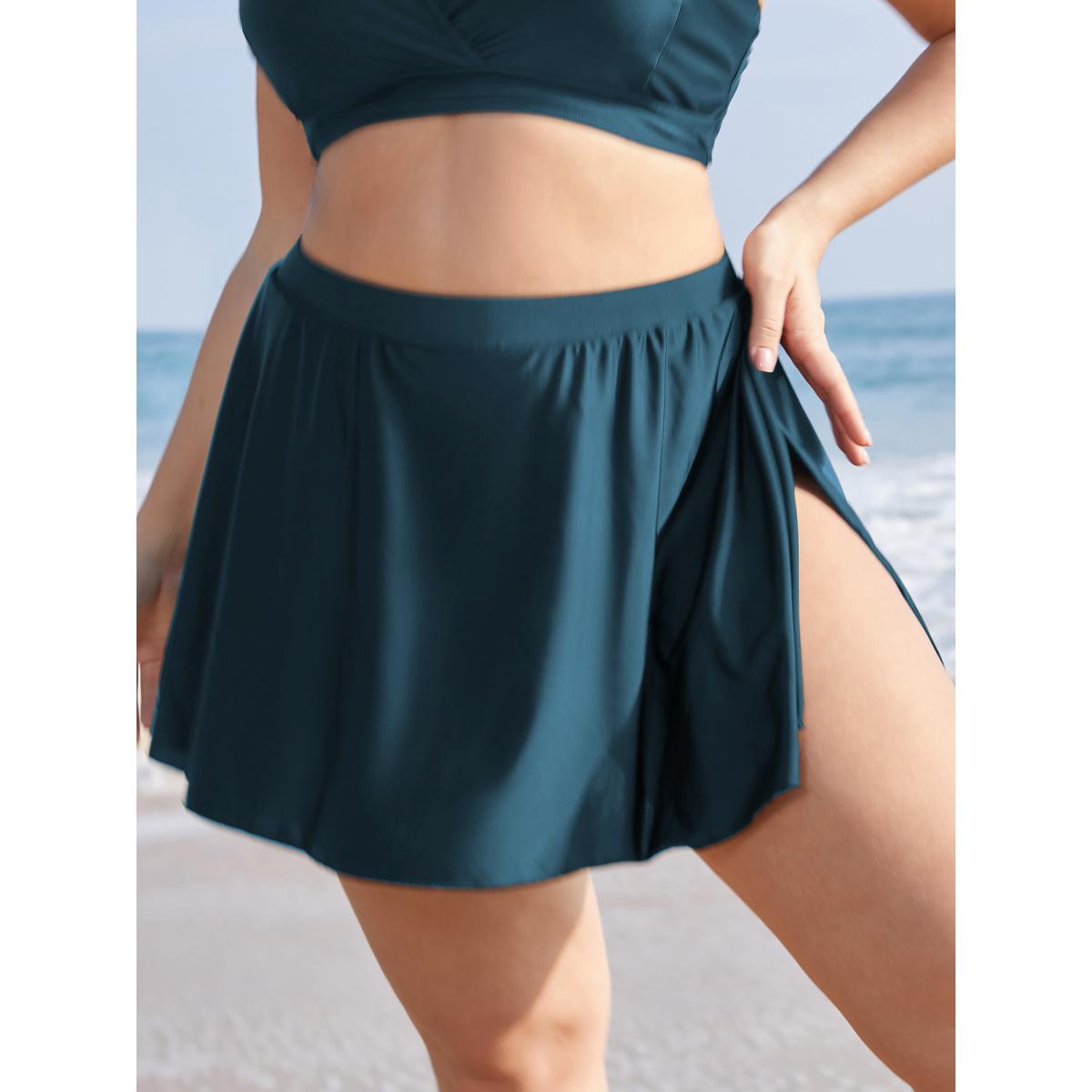 Plus Size Plain High Waist Split Hem Swim Skirt Women's Swimwear Cyan Beach Non High stretch Bodycon High Rise Curve Swim Bottoms BloomChic 26/4X Product Image