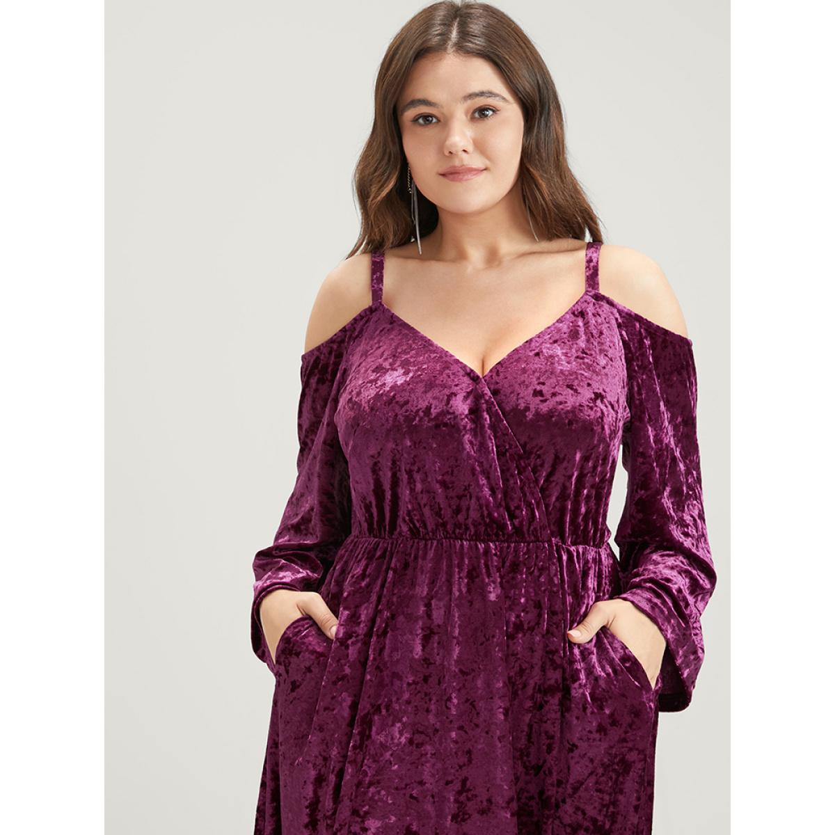 Plus Size Solid Cold Shoulder Pocket Bell Sleeve Velvet Dress RedViolet Women Party Elastic Waist Cold Shoulder Long Sleeve Curvy Midi Dress BloomChic 10/M Product Image