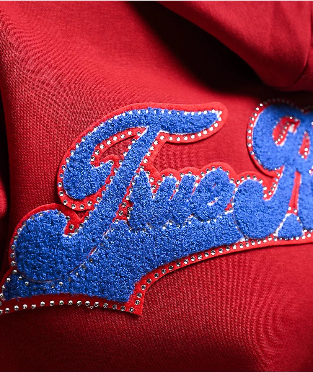 True Religion Crystal Patch Varsity Red Dahlia Crop Zip Hoodie Product Image