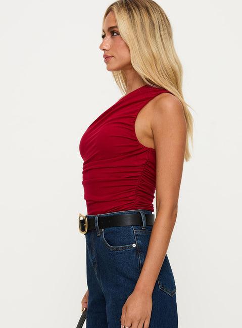 Heston Asymmetrical Ruched Bodysuit Red Product Image