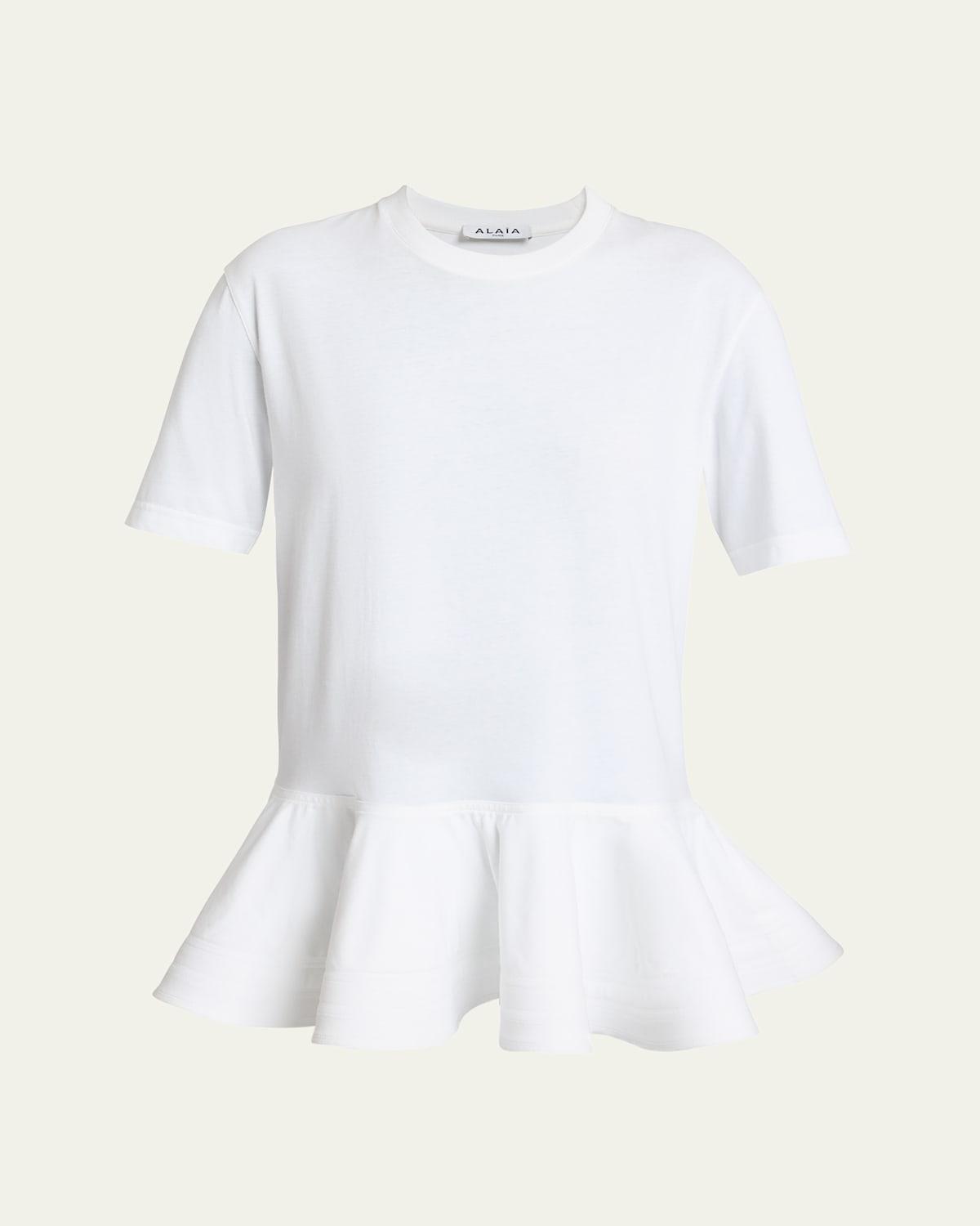 ALAÏA Oversized Poplin-trimmed Cotton-jersey Peplum T-shirt In White Product Image